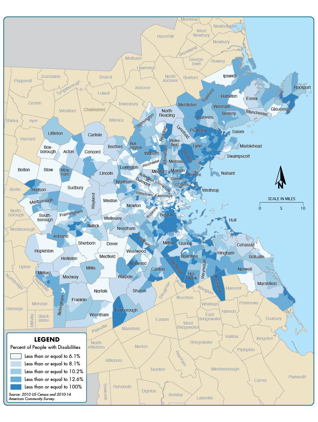 Figure 6-6 is a map showing the percent of the population with disabilities across the 97 communities in the Boston region.